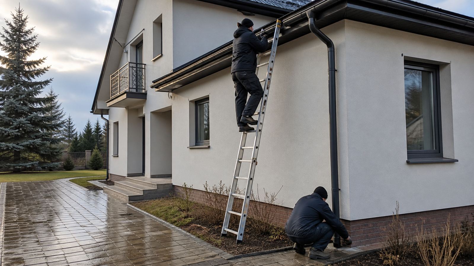 Technical inspection of roof edge, gutters, façade and drainage at a Wesoła house