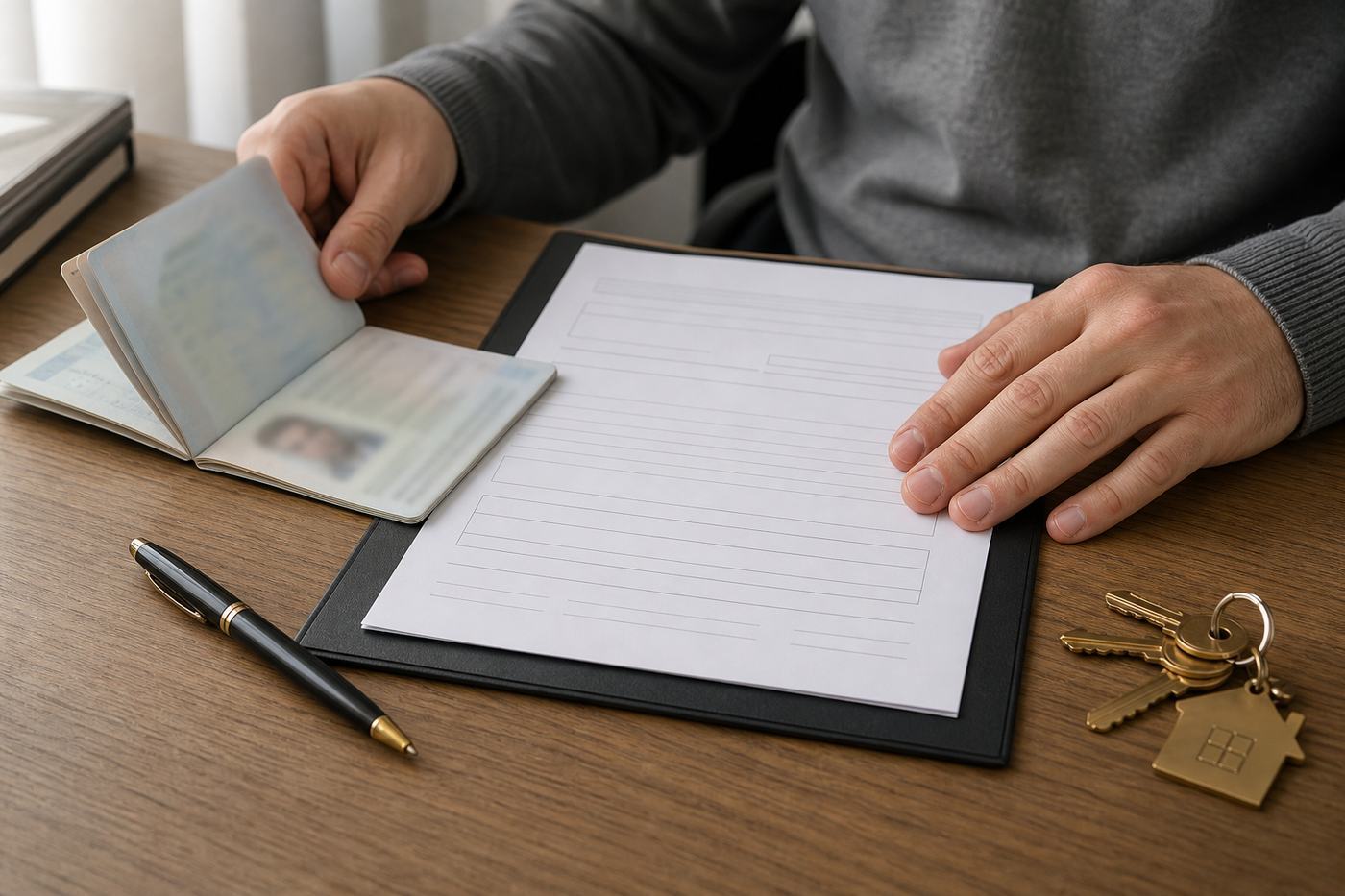 Passport, blank PESEL application form, pen and apartment keys prepared on a desk