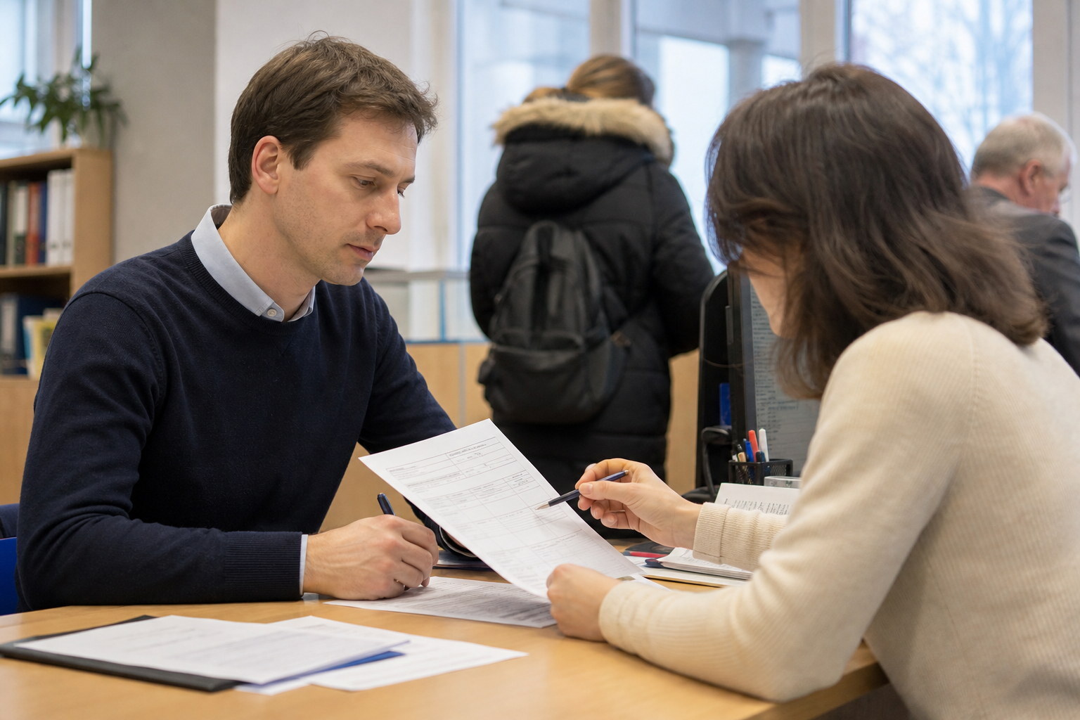 Administrative support meeting for a foreign resident handling Polish documents