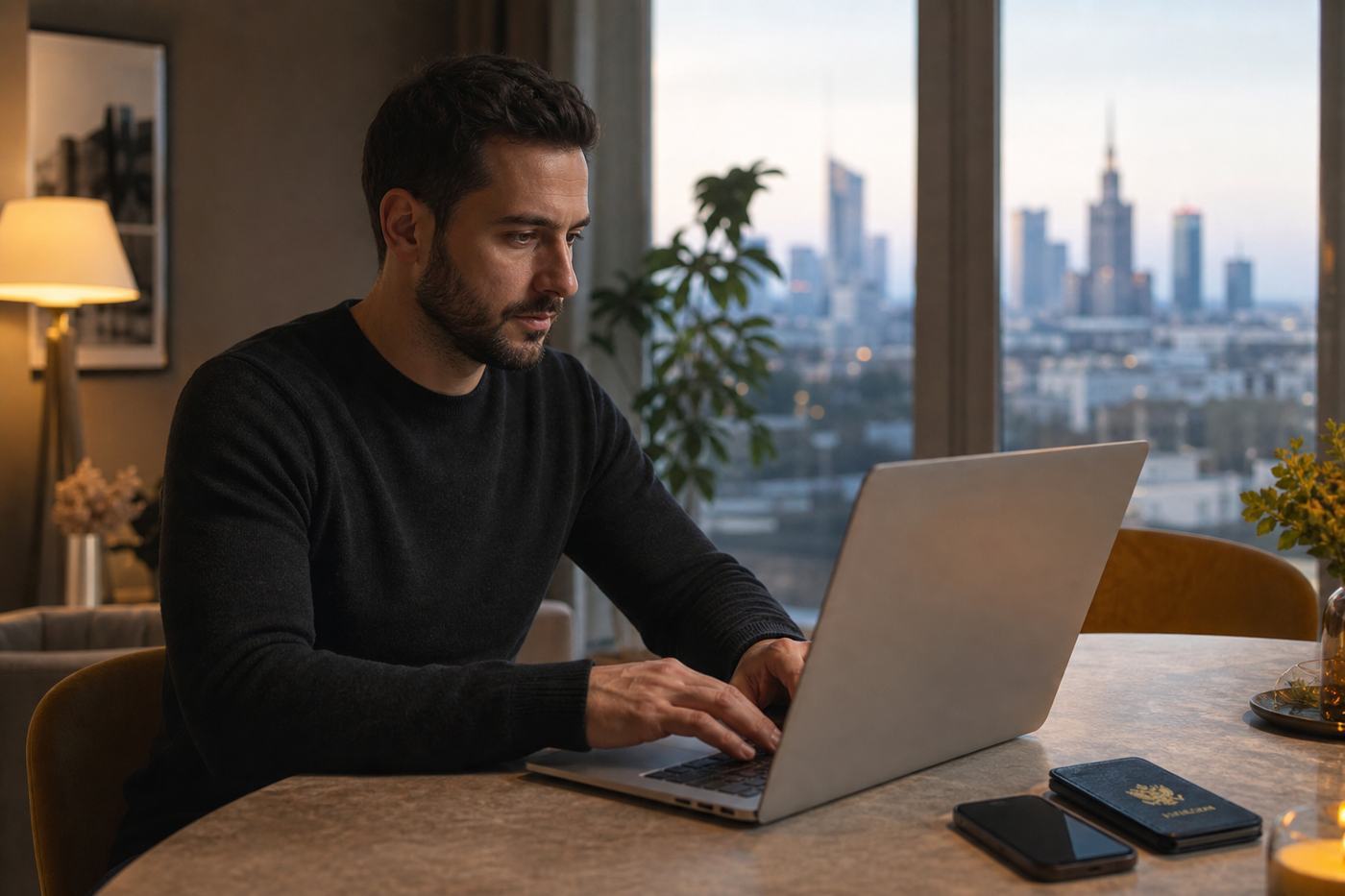 Foreign resident using a laptop for Polish government online services from a Warsaw apartment
