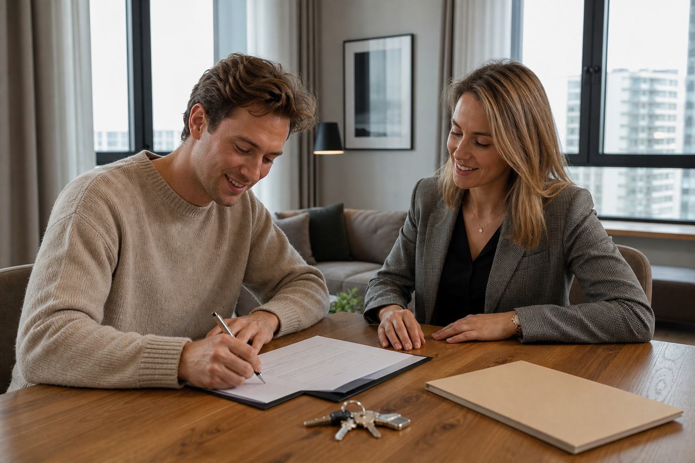 Foreign tenant and Warsaw apartment owner confirming address registration documents together