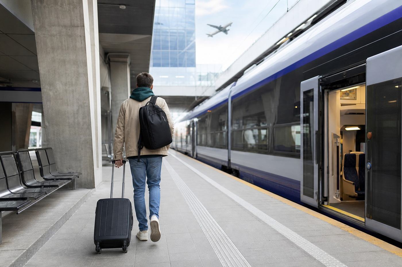 Traveller with luggage beside a train platform at Warsaw Chopin Airport