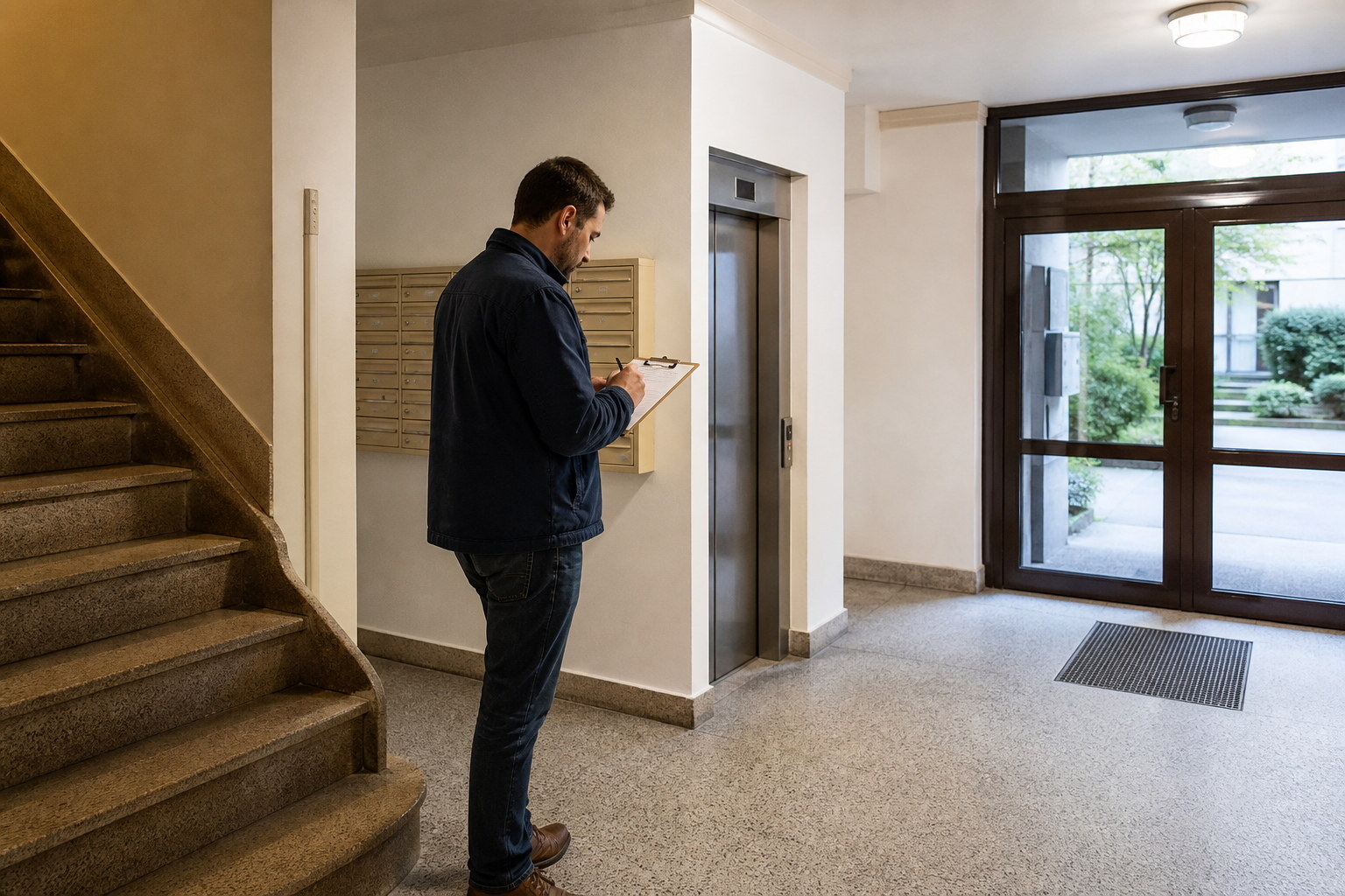 Inspection of common areas in a Warsaw tenement building before purchase