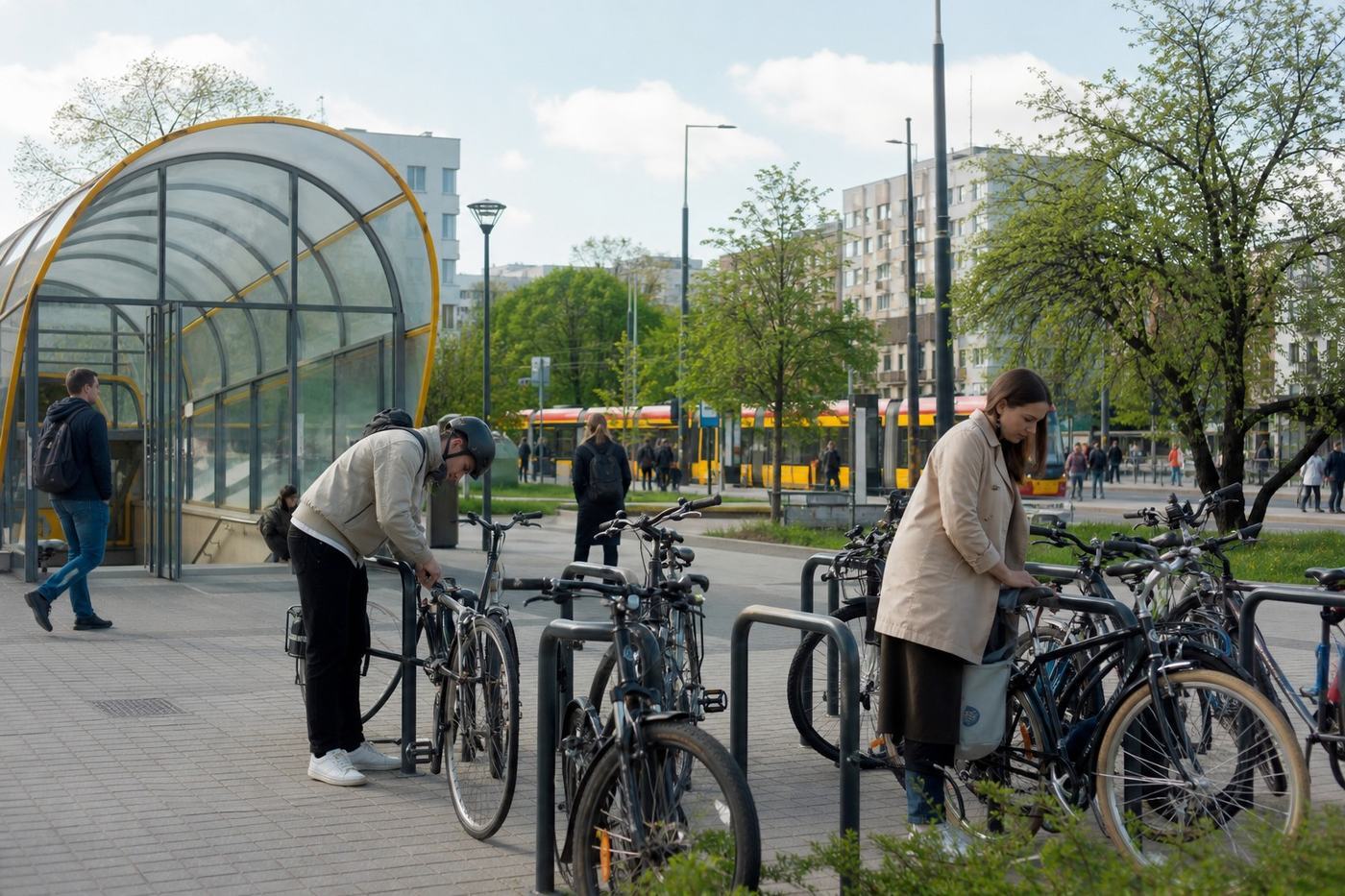 Commuters locking bicycles beside a Warsaw metro and tram interchange