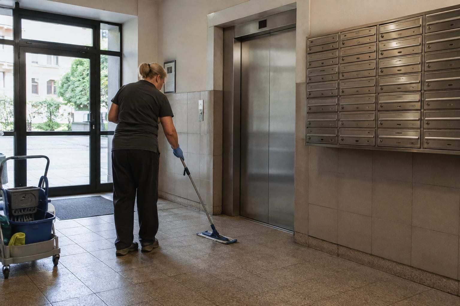 Sprzątanie części wspólnej budynku przy windzie