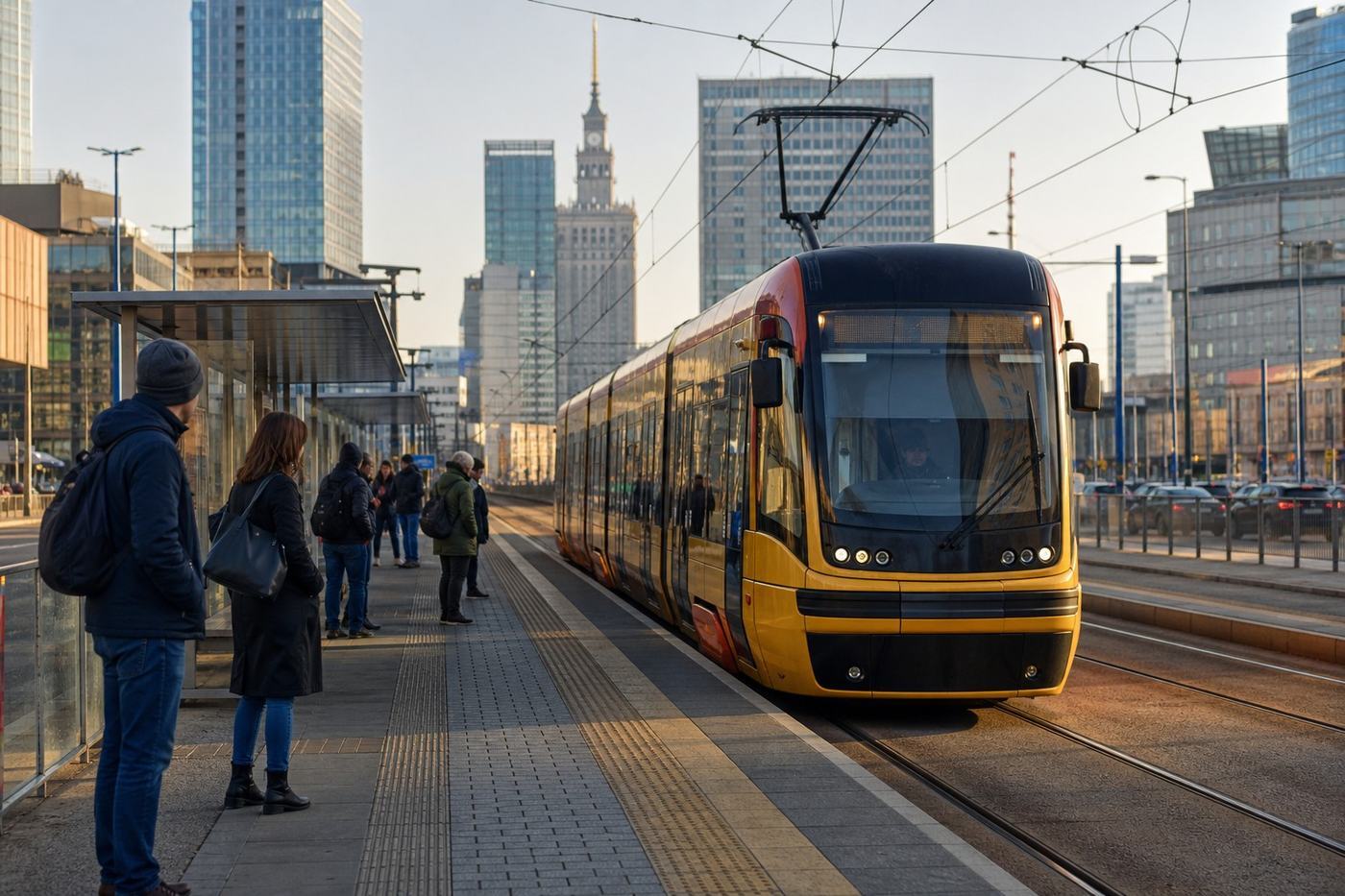 Modern tram arriving at a Warsaw city-centre stop with the Palace of Culture in the background