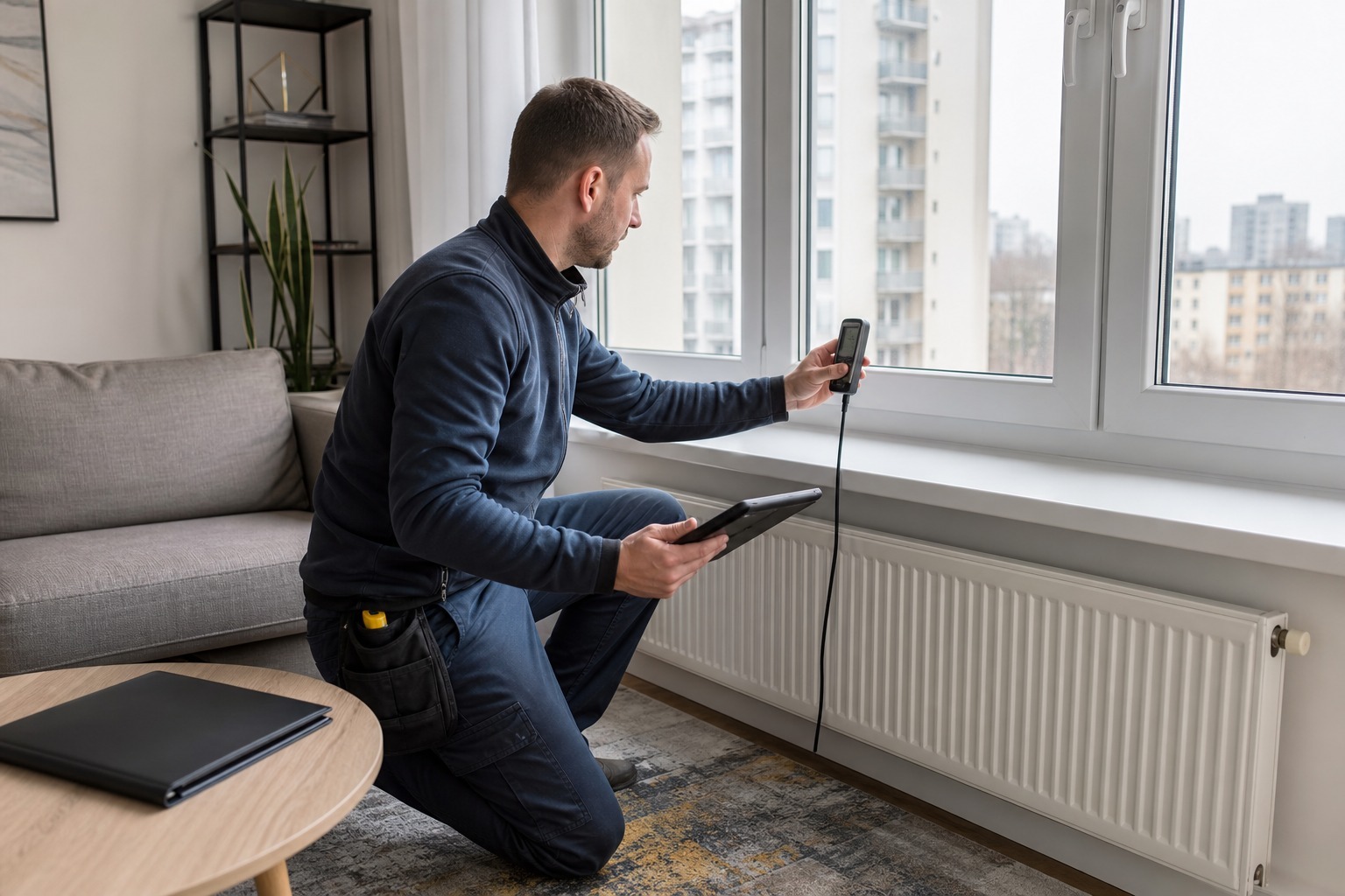 Energy assessor checking a Warsaw apartment before preparing an energy performance certificate for sale