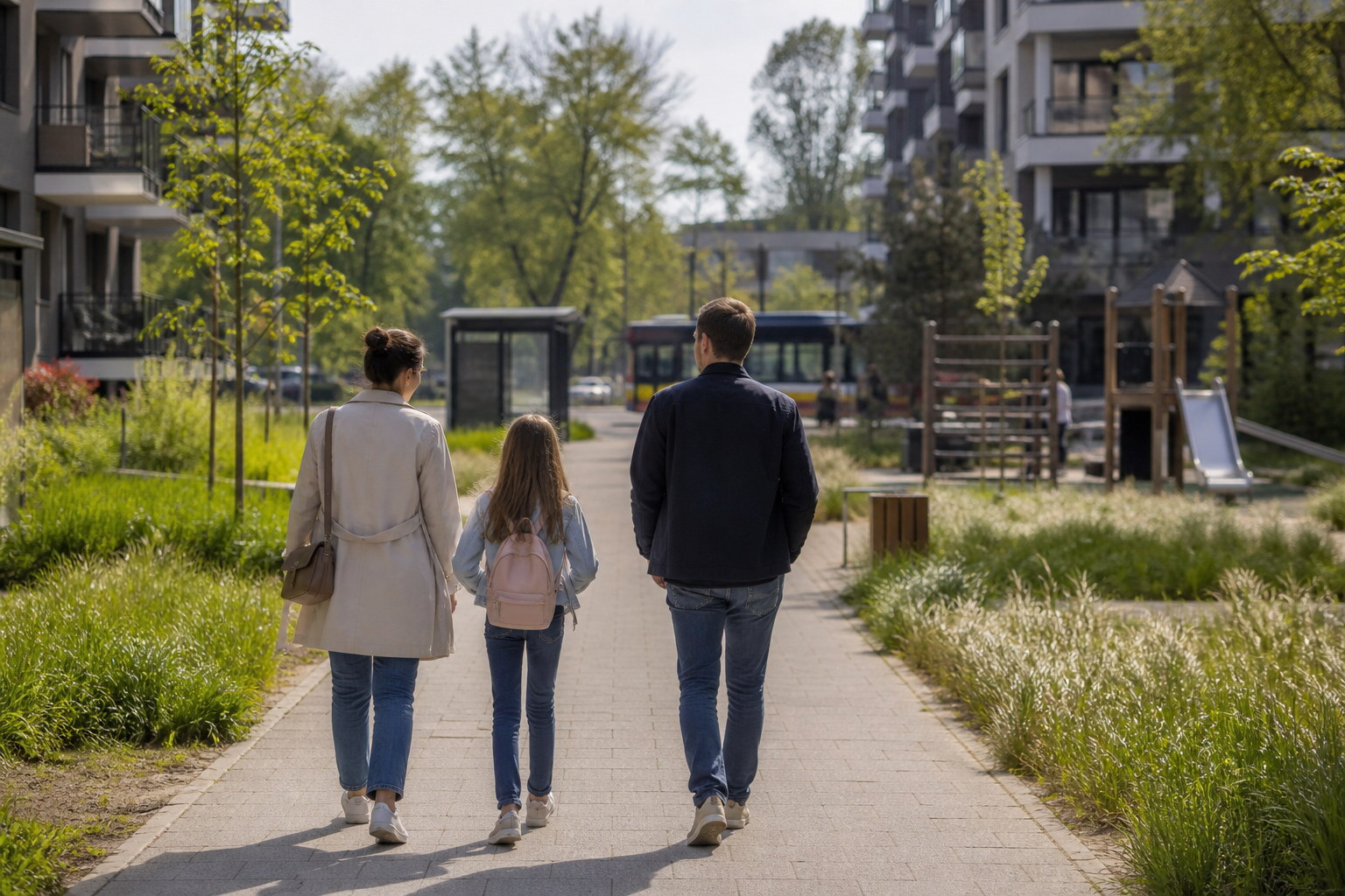 Family orientation walk through a Warsaw neighbourhood after relocation