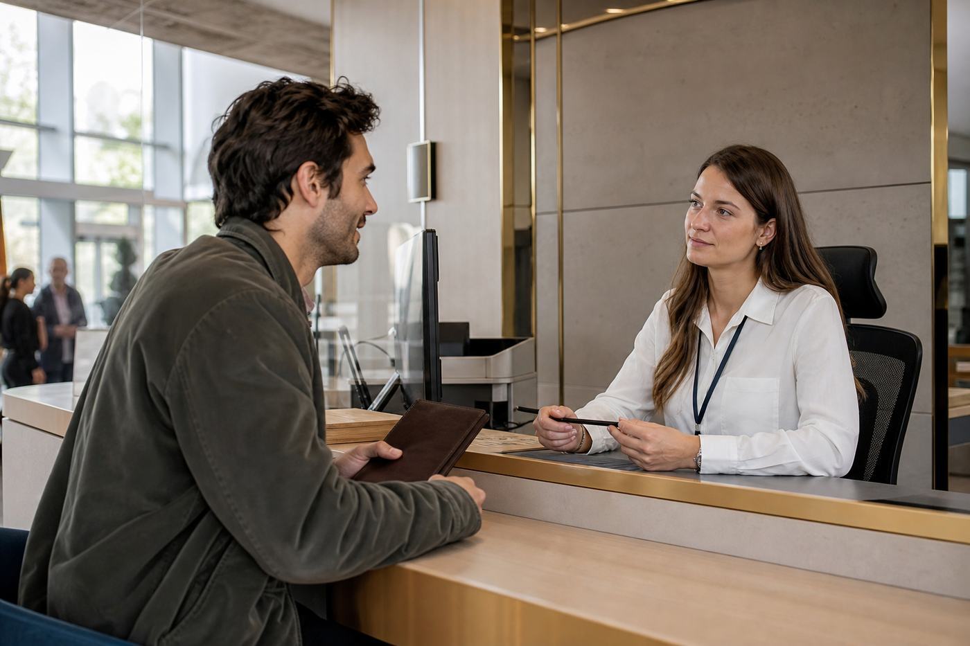 Foreign resident discussing a PESEL application with a clerk at a Warsaw district office