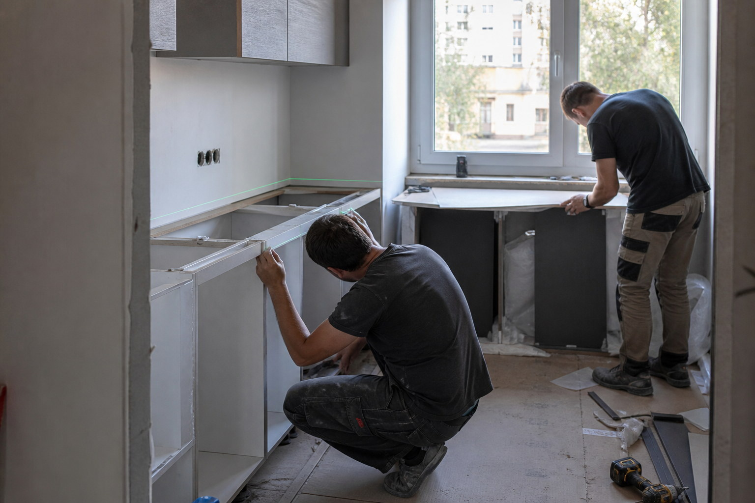Kitchen installation progressing in a Warsaw apartment renovation