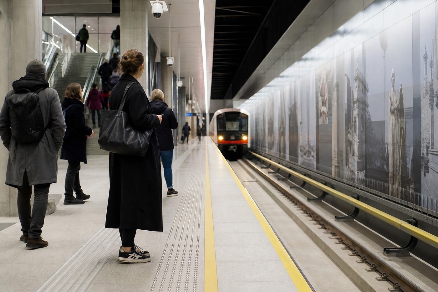 Commuters waiting on a modern Warsaw metro platform as a train approaches
