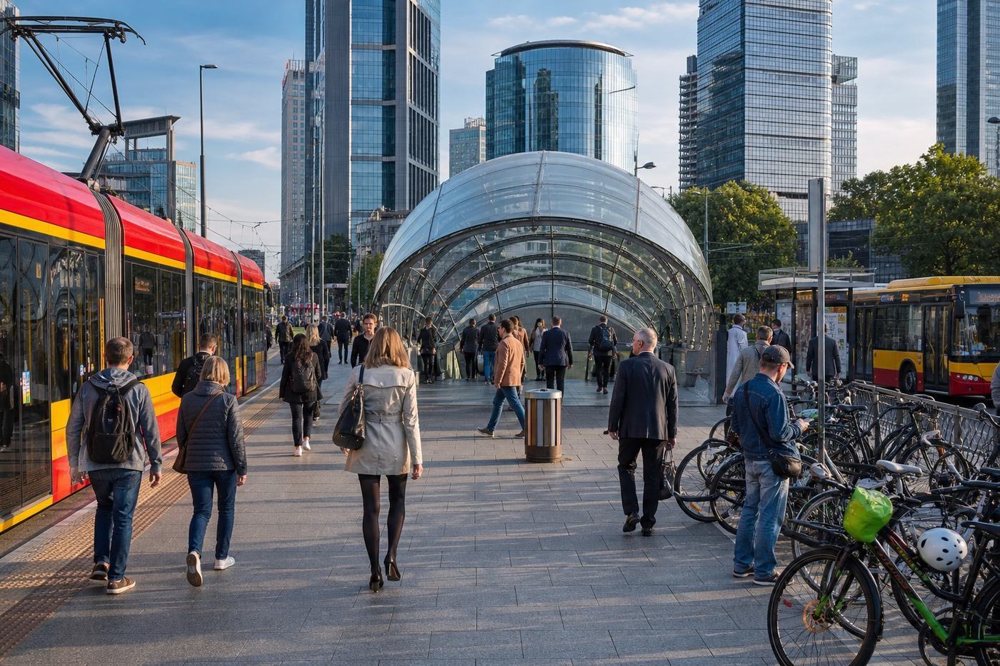 Warsaw multimodal transport hub connecting metro, tram, bus and rail services