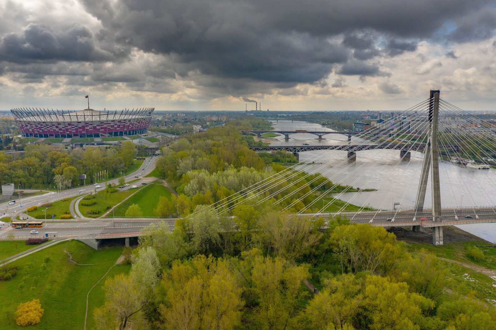 National Stadium, Vistula River and residential Warsaw panorama