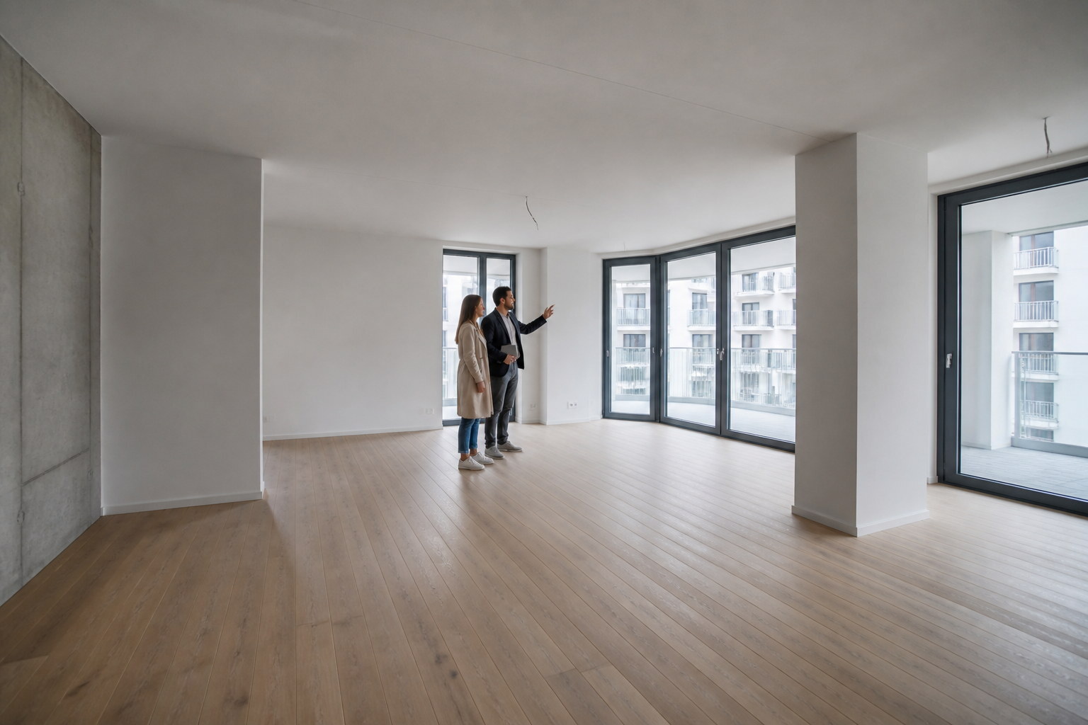 Expat buyer viewing a new-build apartment in Warsaw with professional support