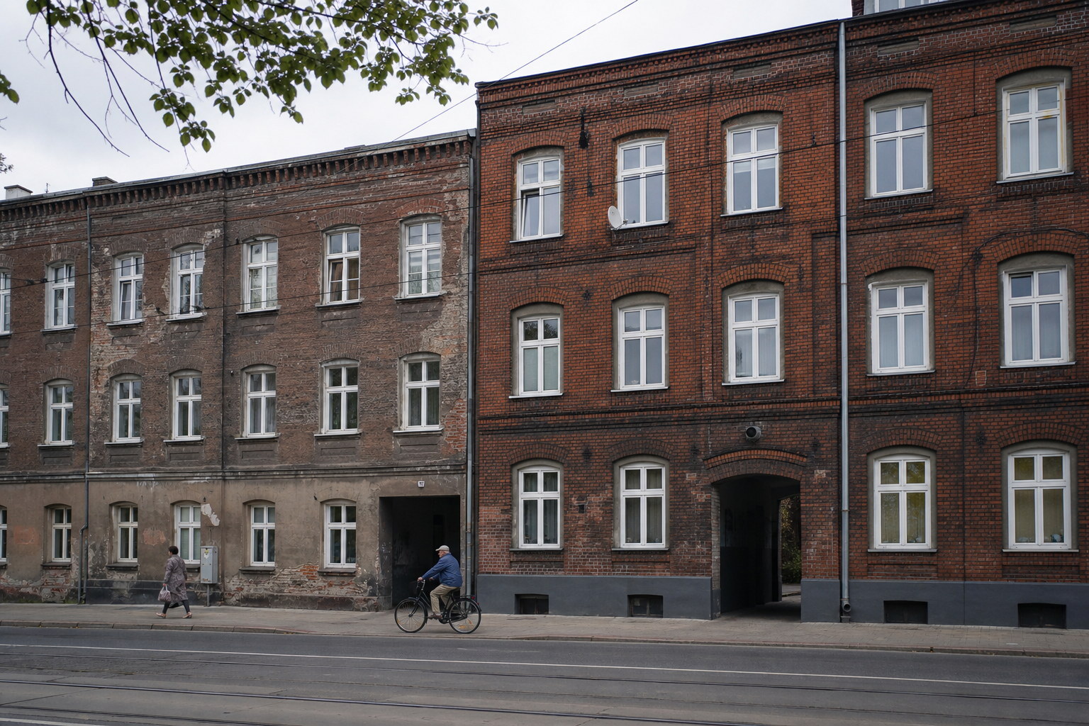Brick residential street near tram and metro connections in Warsaw Praga