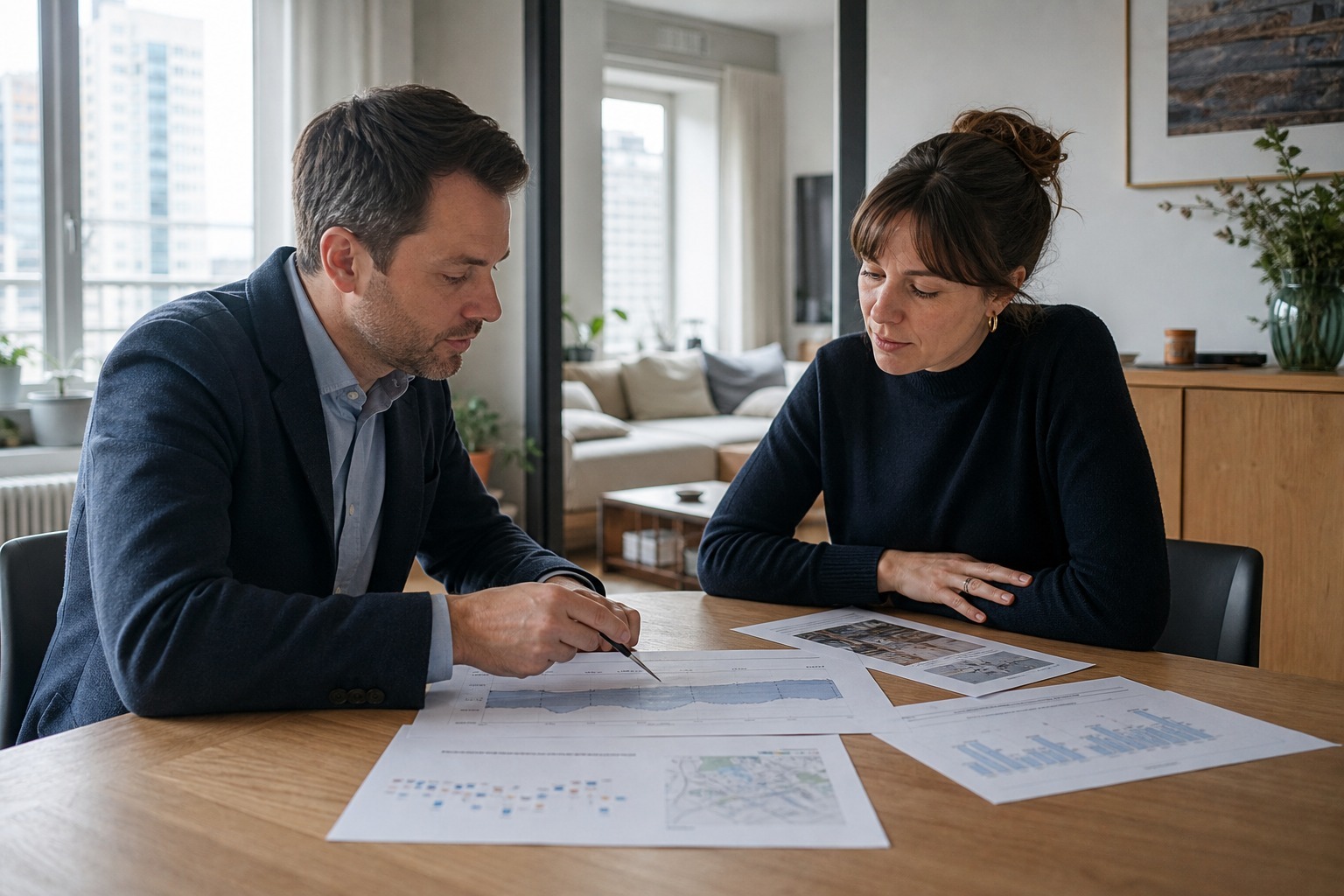 Foreign apartment owner and Warsaw property adviser reviewing a sale valuation and pricing strategy