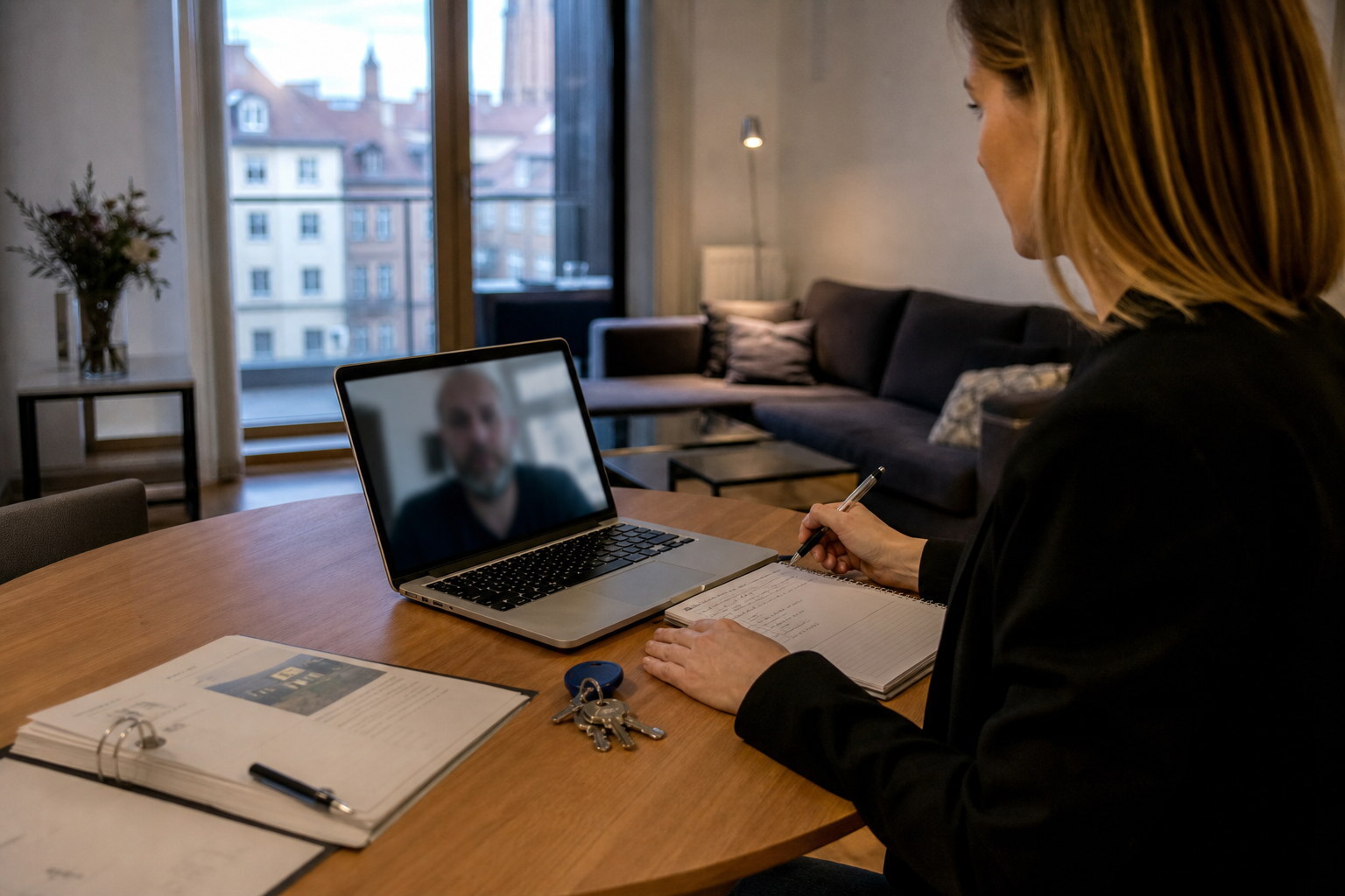 Remote owner reviewing a Warsaw rental management report on a laptop