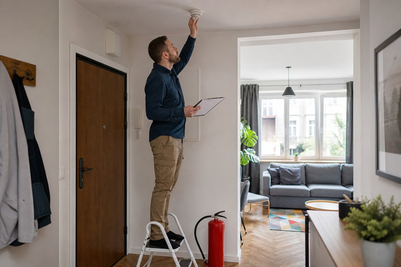Technician completing a safety inspection in a Warsaw short-term rental apartment