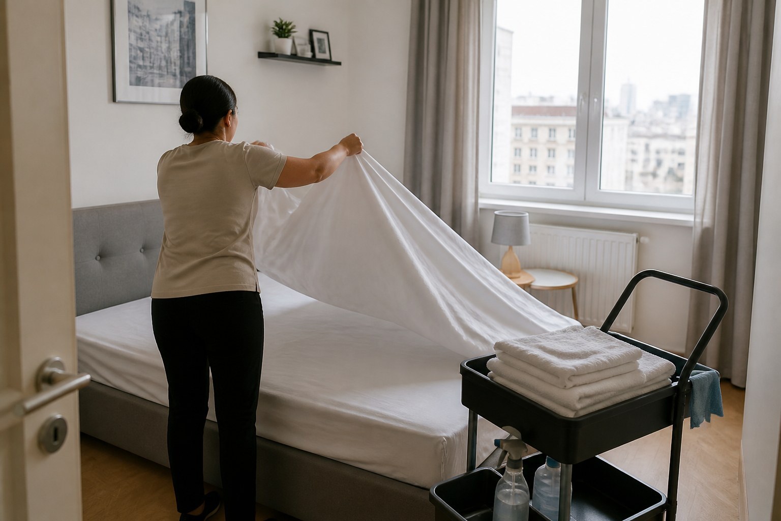 Professional turnover cleaning and linen preparation in a Warsaw short-term rental