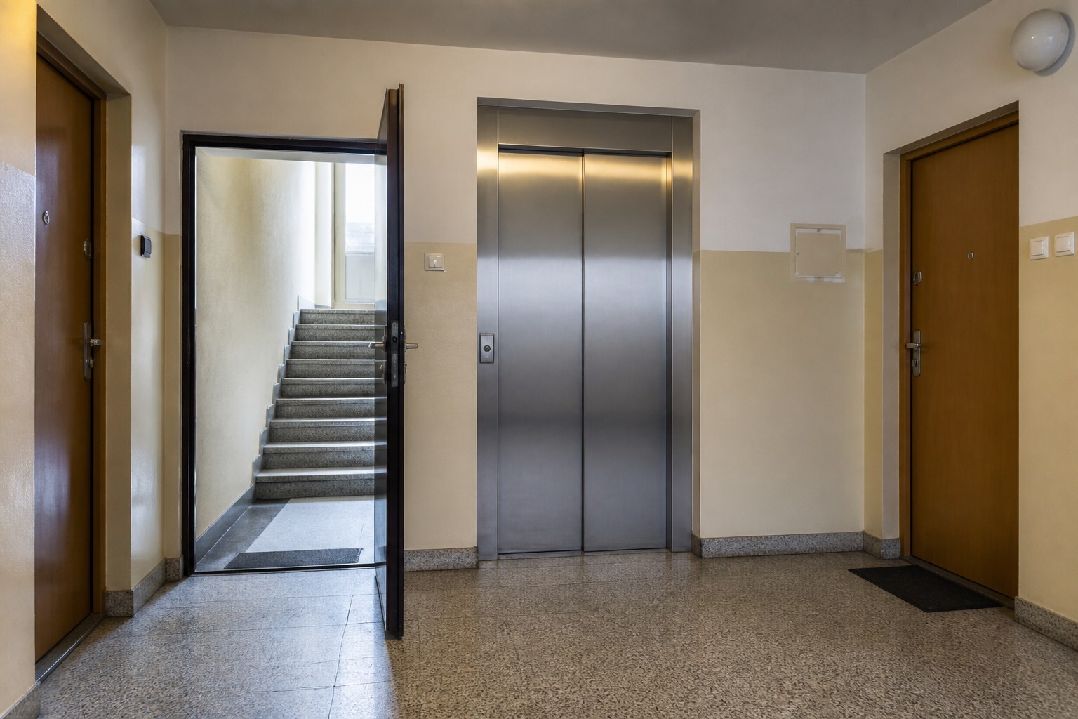 Top-floor elevator landing in a Warsaw residential building