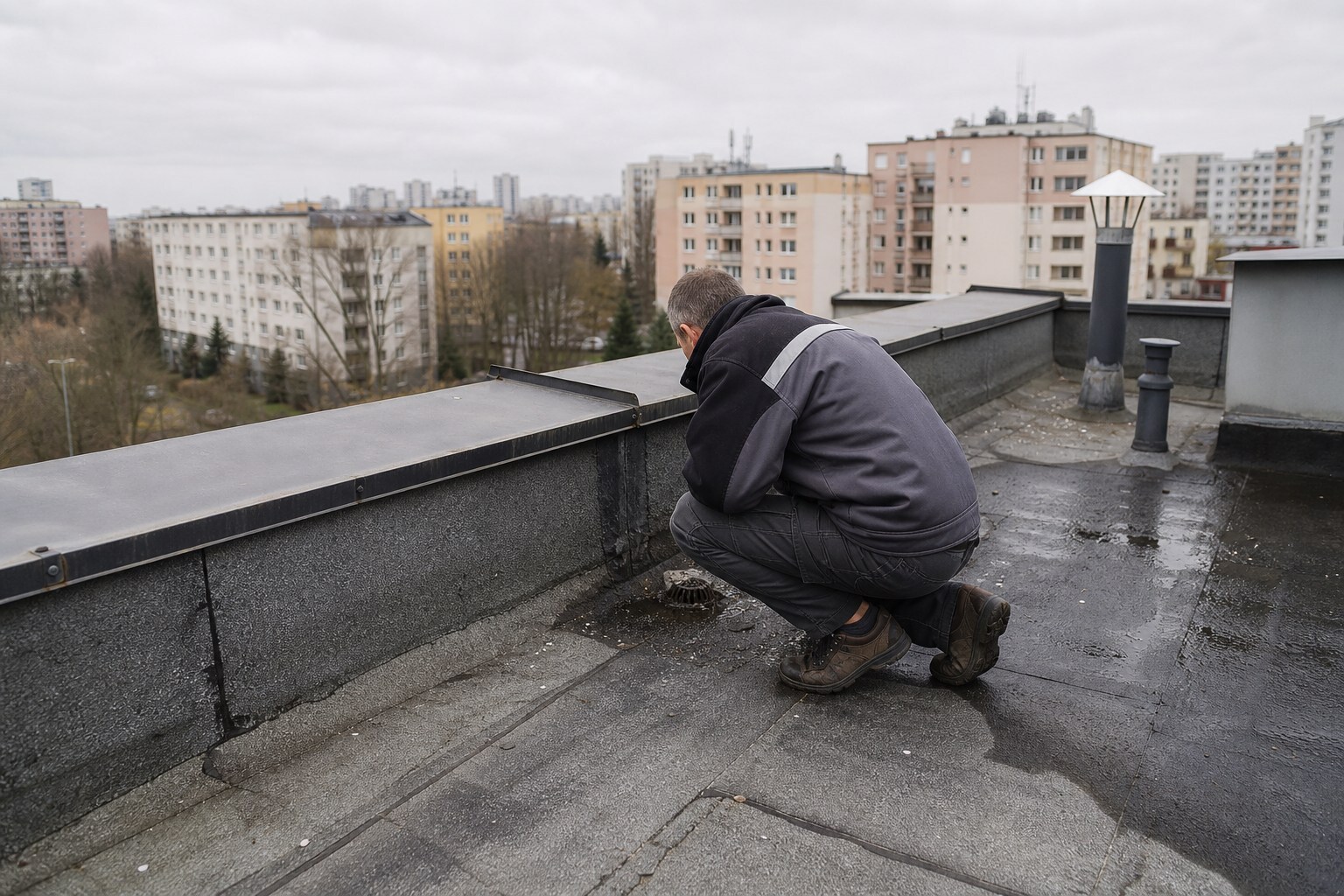 Technical inspection of a roof drain above a top-floor apartment in Warsaw