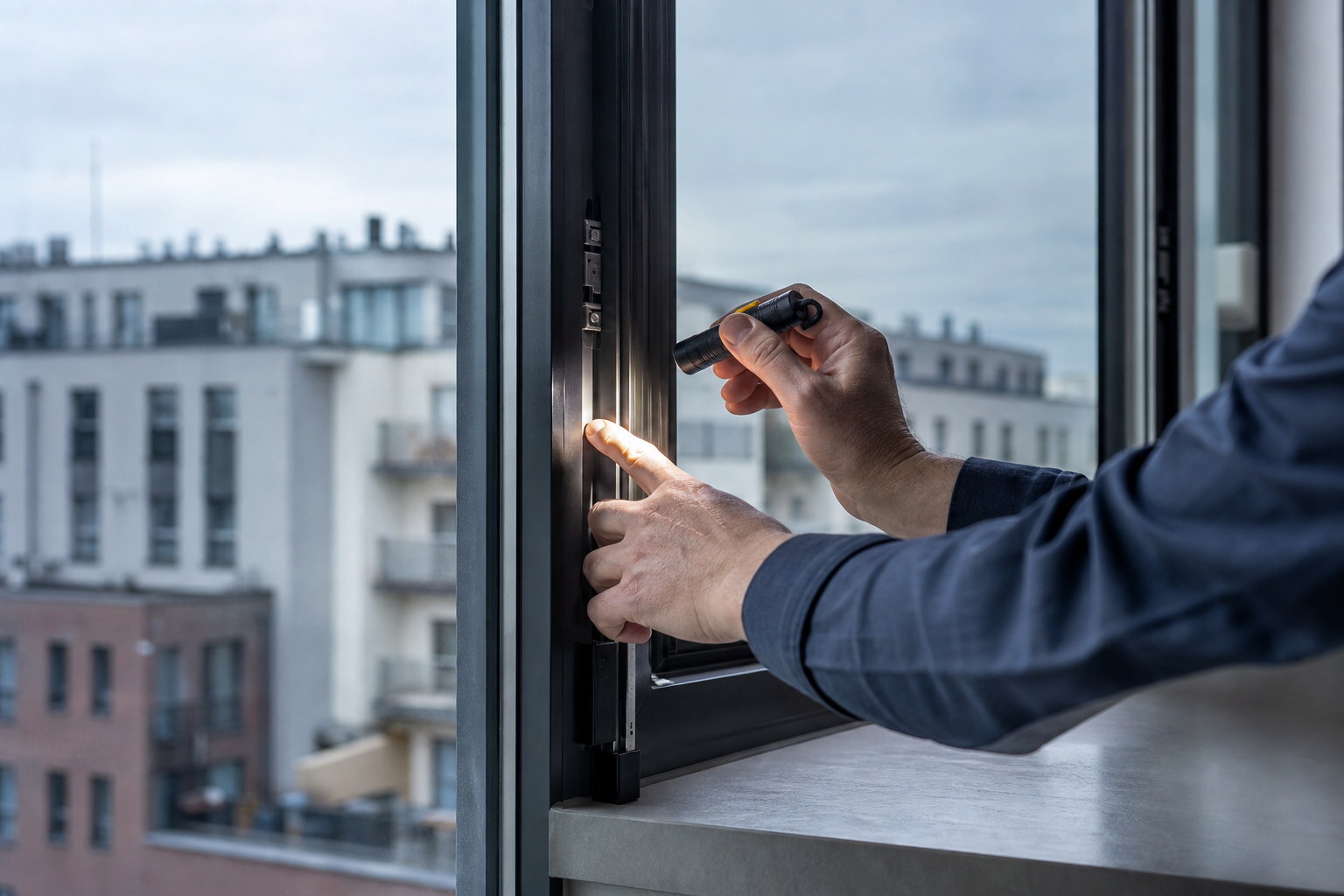 Inspector checking the seal and frame of a Warsaw apartment window