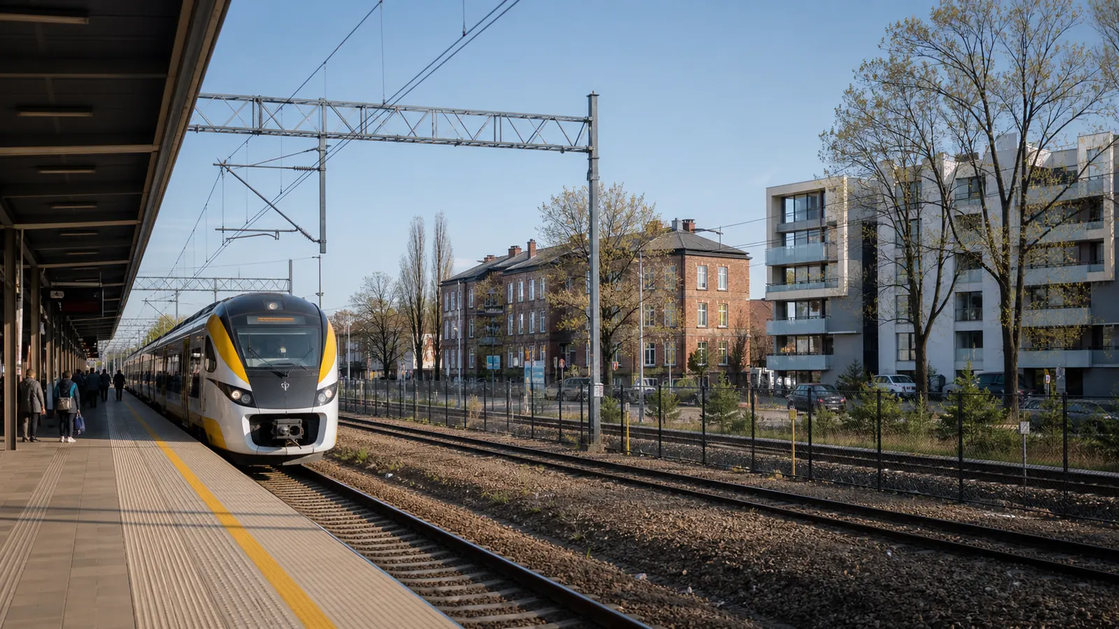 Commuter train at a local railway platform in Warsaw Włochy