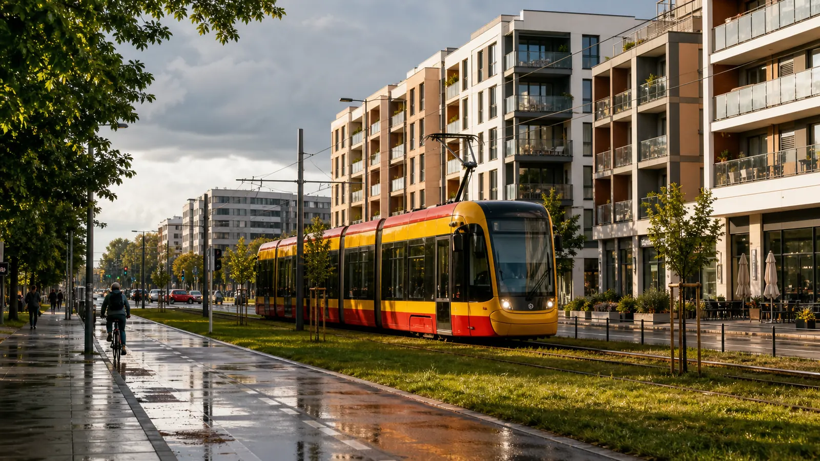 Tram corridor and contemporary housing in Raków, Warsaw Włochy