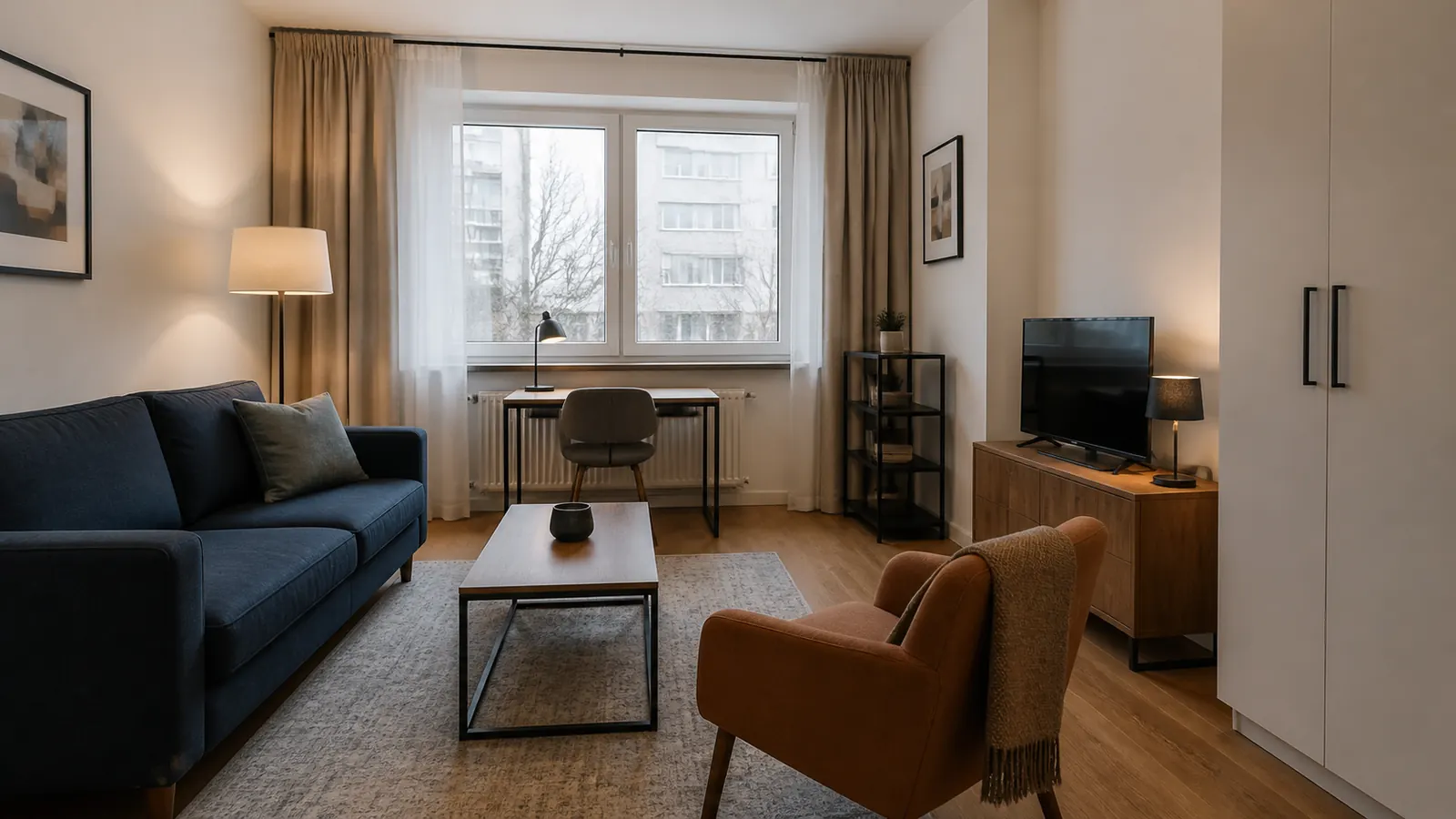 Practical long-term rental living room with workspace in Warsaw Włochy